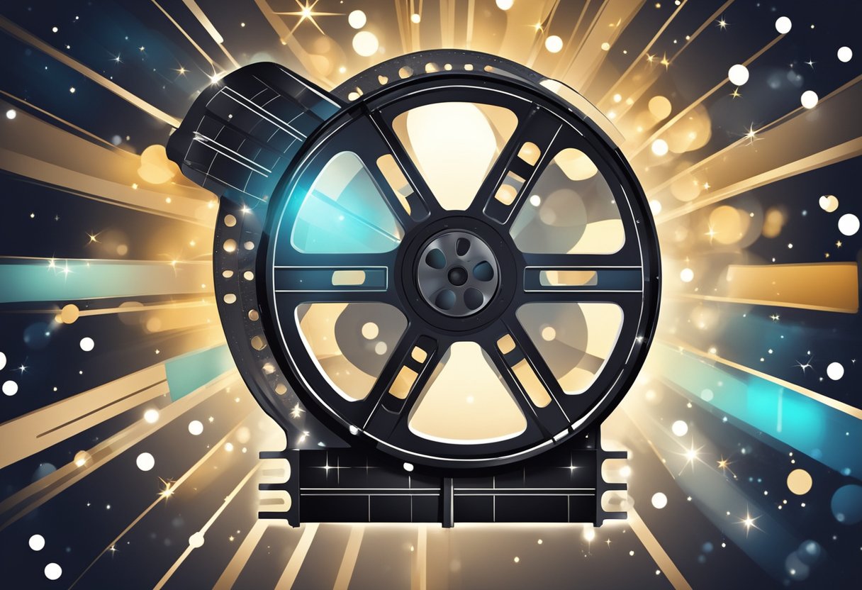 A movie reel surrounded by glowing stars and film strips