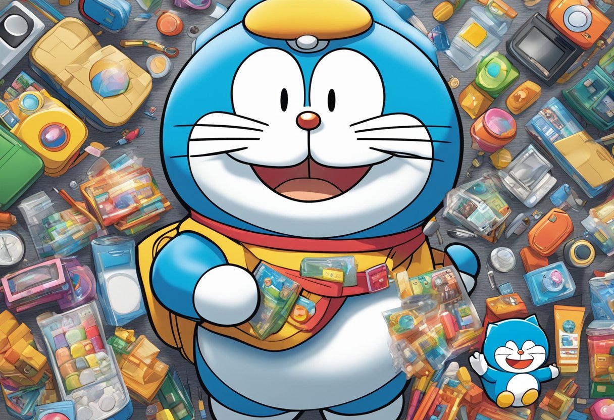 A smiling Doraemon surrounded by colorful merchandise and media products