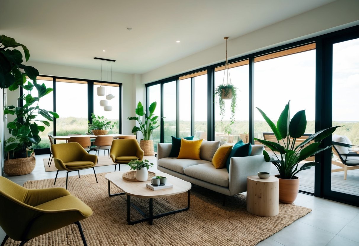 A modern living room with sustainable furniture, natural materials, and pops of bold color. Open floor plan with plenty of natural light and indoor plants