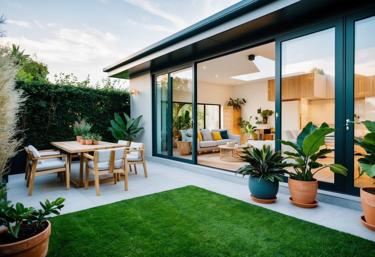 A modern, eco-friendly living room with large windows, natural materials, and potted plants. A cozy outdoor patio with sustainable furniture and lush greenery