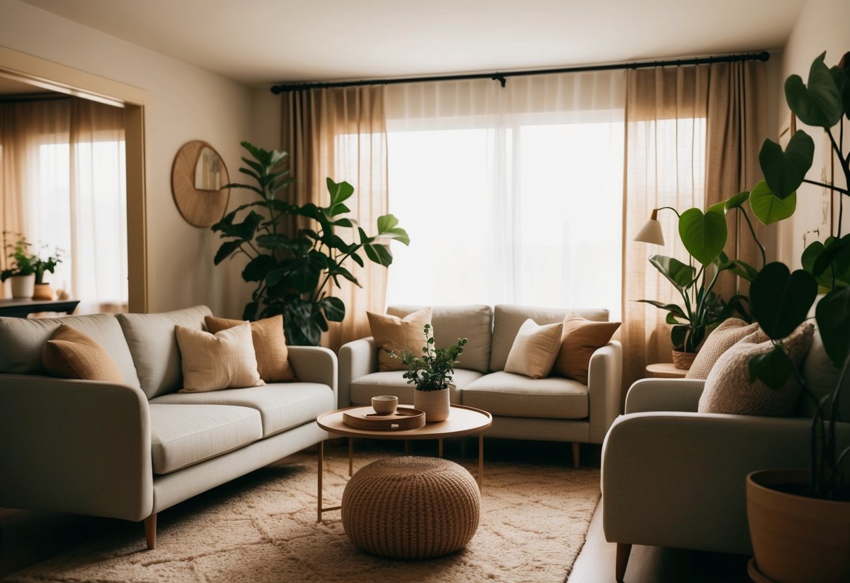 A cozy living room with natural light, soft textures, and earthy tones. Plants, comfortable seating, and warm lighting create a calming and inviting atmosphere