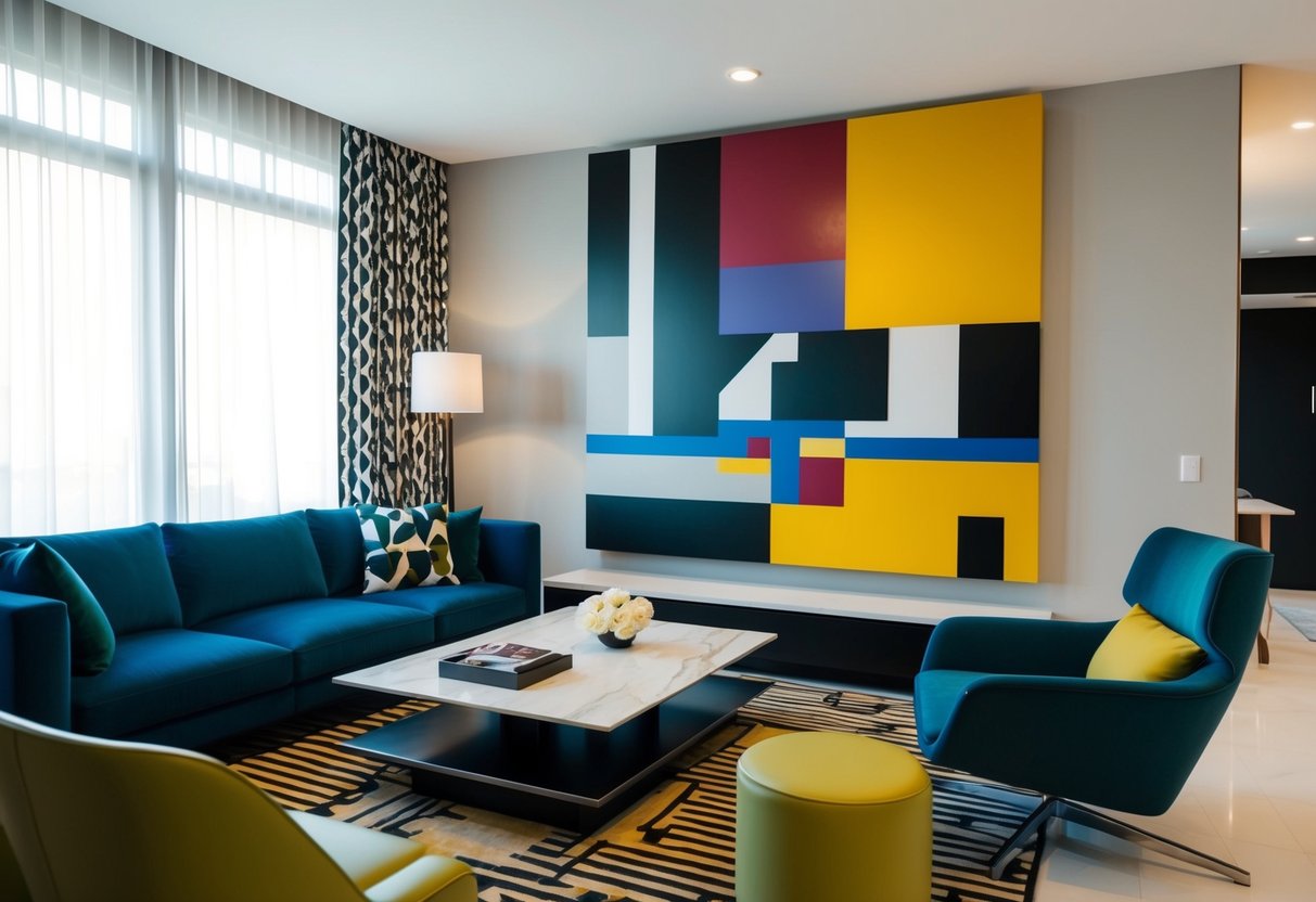 A modern living room with bold colors, geometric patterns, and sleek furniture. A statement wall showcases a large abstract art piece