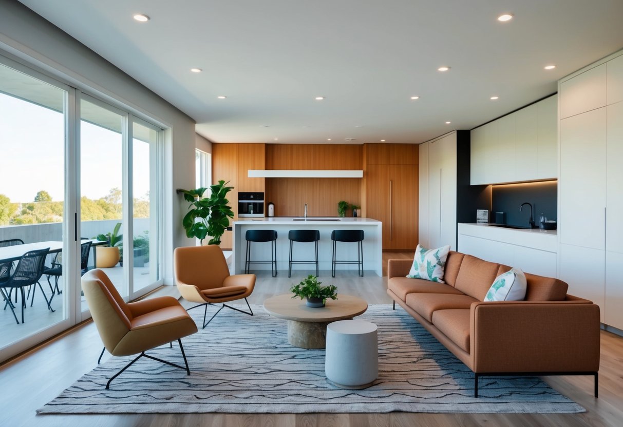 A modern living room with minimalist furniture, natural light, and pops of vibrant color. The space features sustainable materials and smart home technology