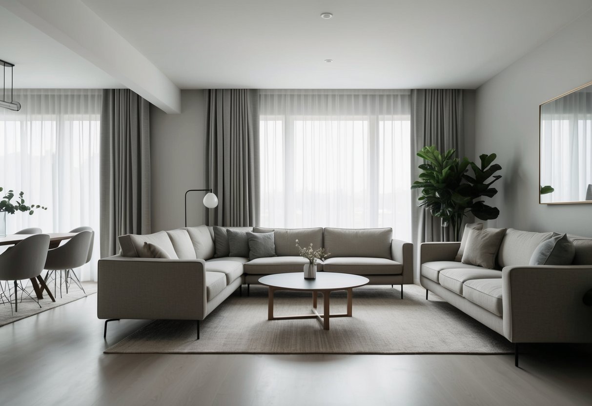 A modern living room with clean lines, minimalist furniture, and neutral colors, showcasing the influence of the Bauhaus and Scandinavian design movements on Cebu home decor trends in 2025