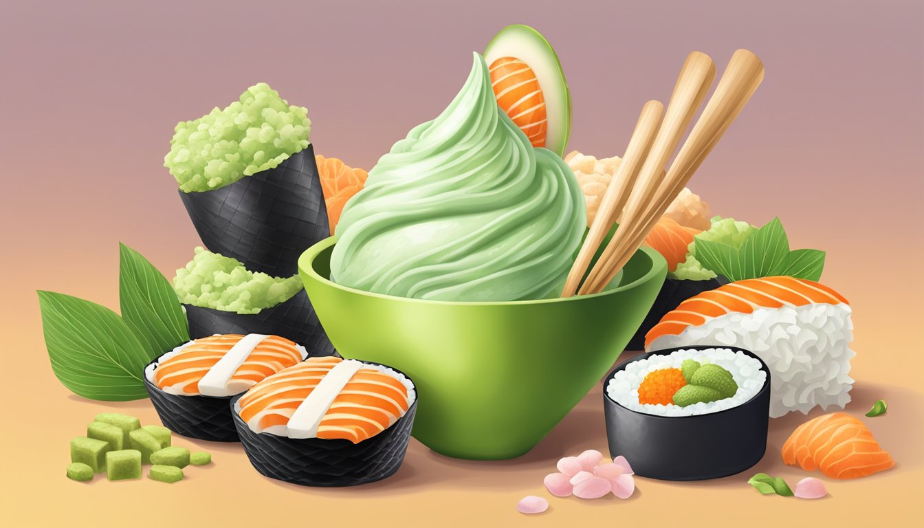 A scoop of wasabi ice cream melting on a cone, surrounded by sushi and ginger