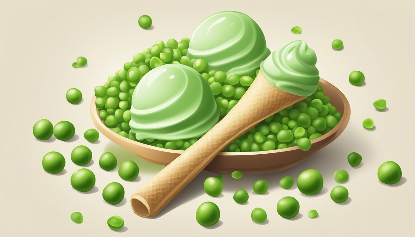 A scoop of wasabi ice cream sits on a cone, surrounded by green wasabi peas and a dollop of wasabi paste