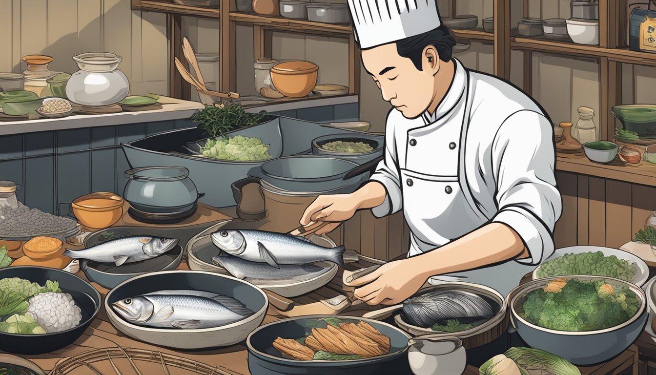 A chef carefully prepares a fugu fish, surrounded by traditional Japanese cooking utensils and ingredients