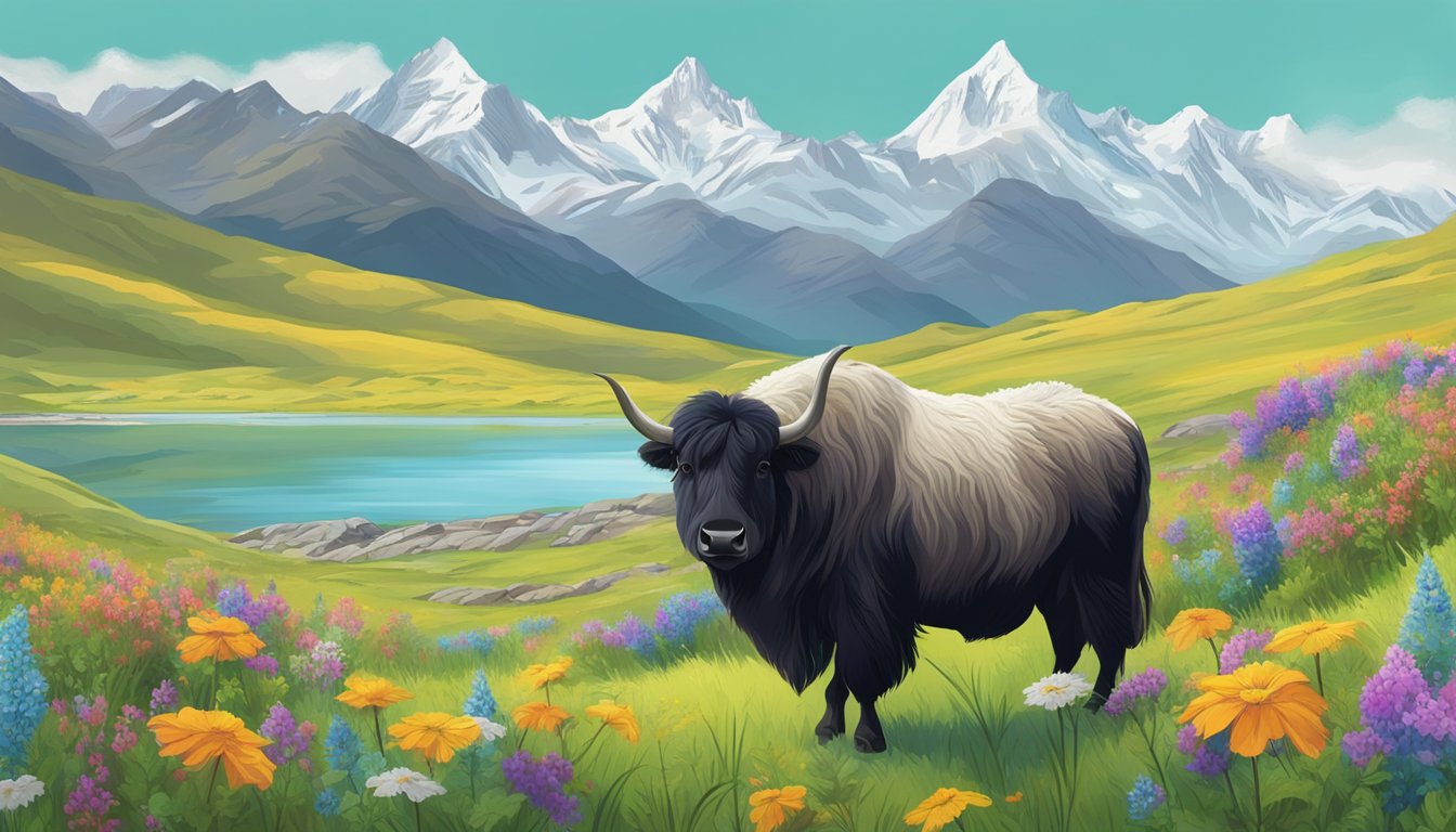 A yak grazing in a lush Tibetan meadow, surrounded by vibrant wildflowers and tall mountains in the distance