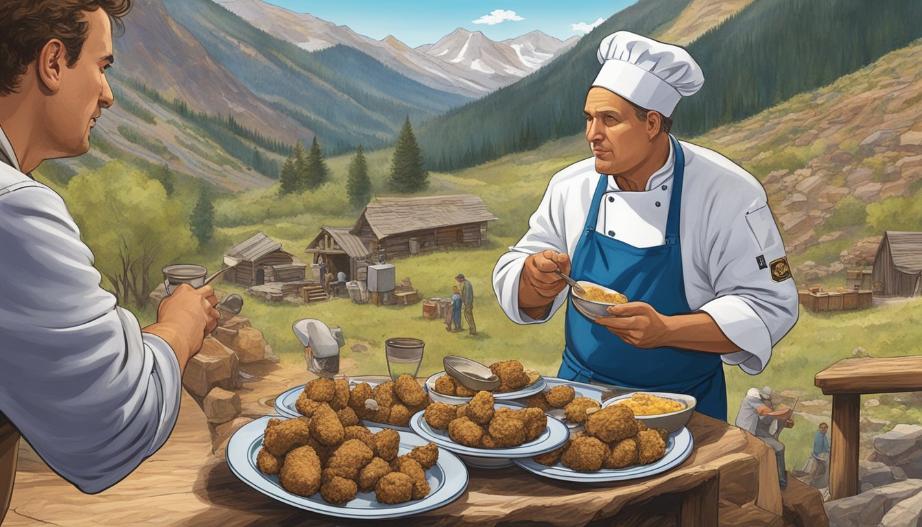 A chef preparing a plate of rocky mountain oysters, surrounded by rugged mountain terrain and curious onlookers