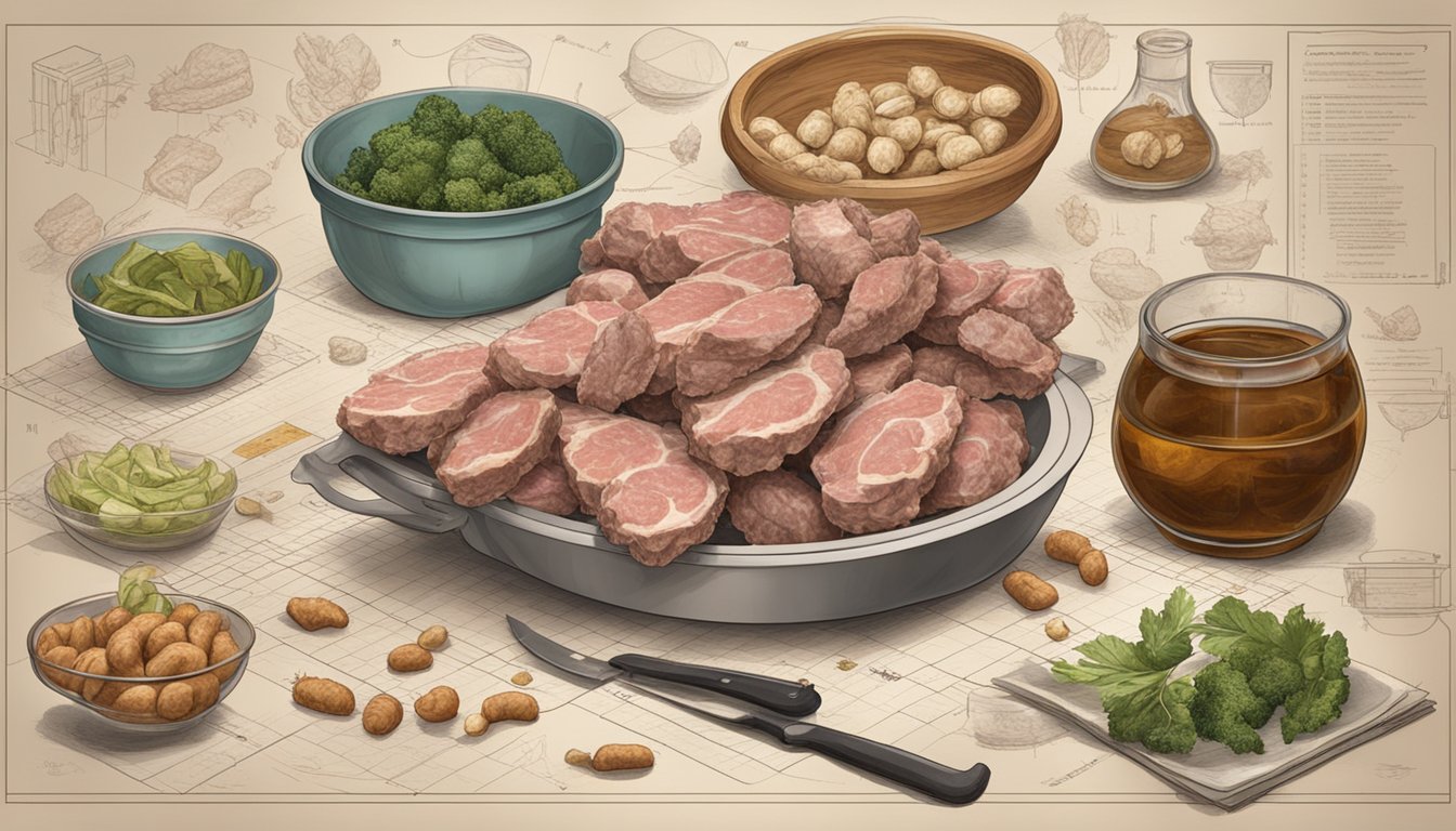 A butcher's table with a bowl of rocky mountain oysters, surrounded by anatomical diagrams and nutritional charts