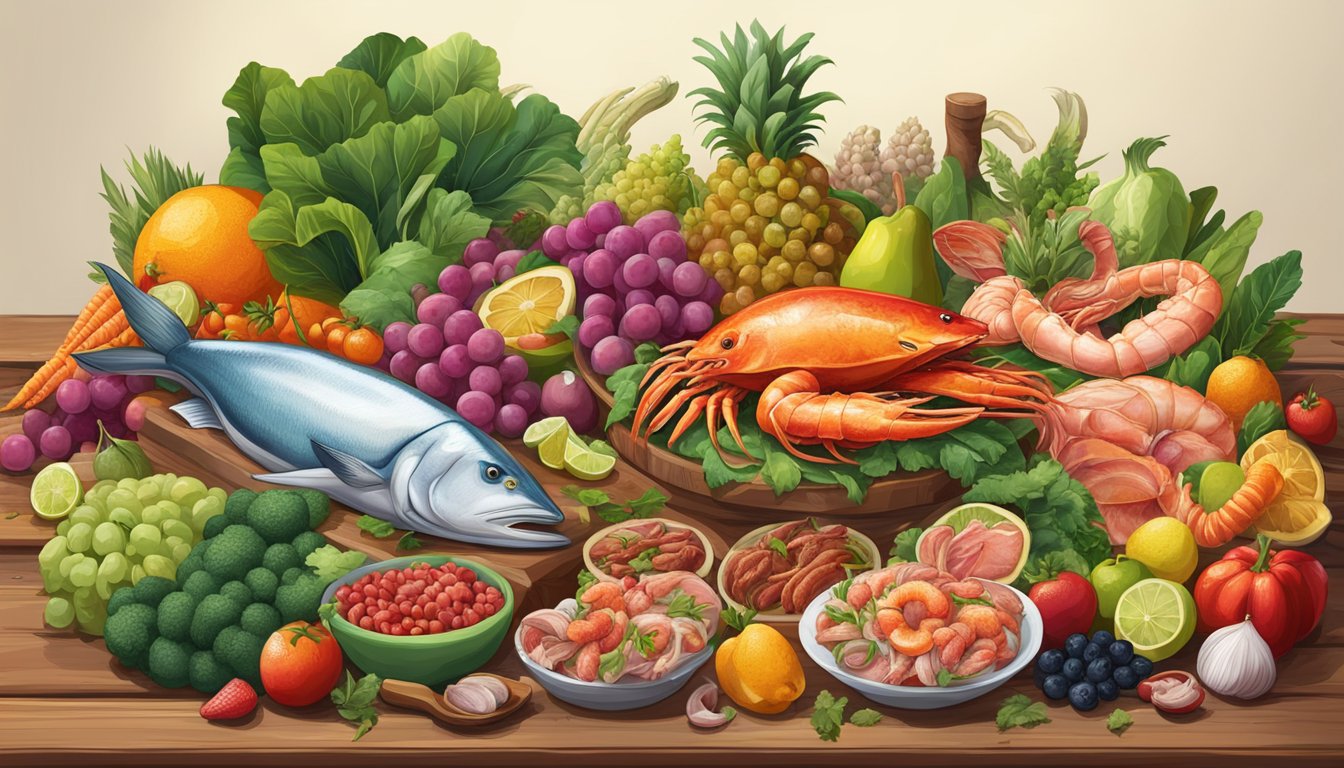 A colorful array of exotic meats and seafood, surrounded by vibrant fruits and vegetables, with a xylophagous creature nibbling on a wooden table