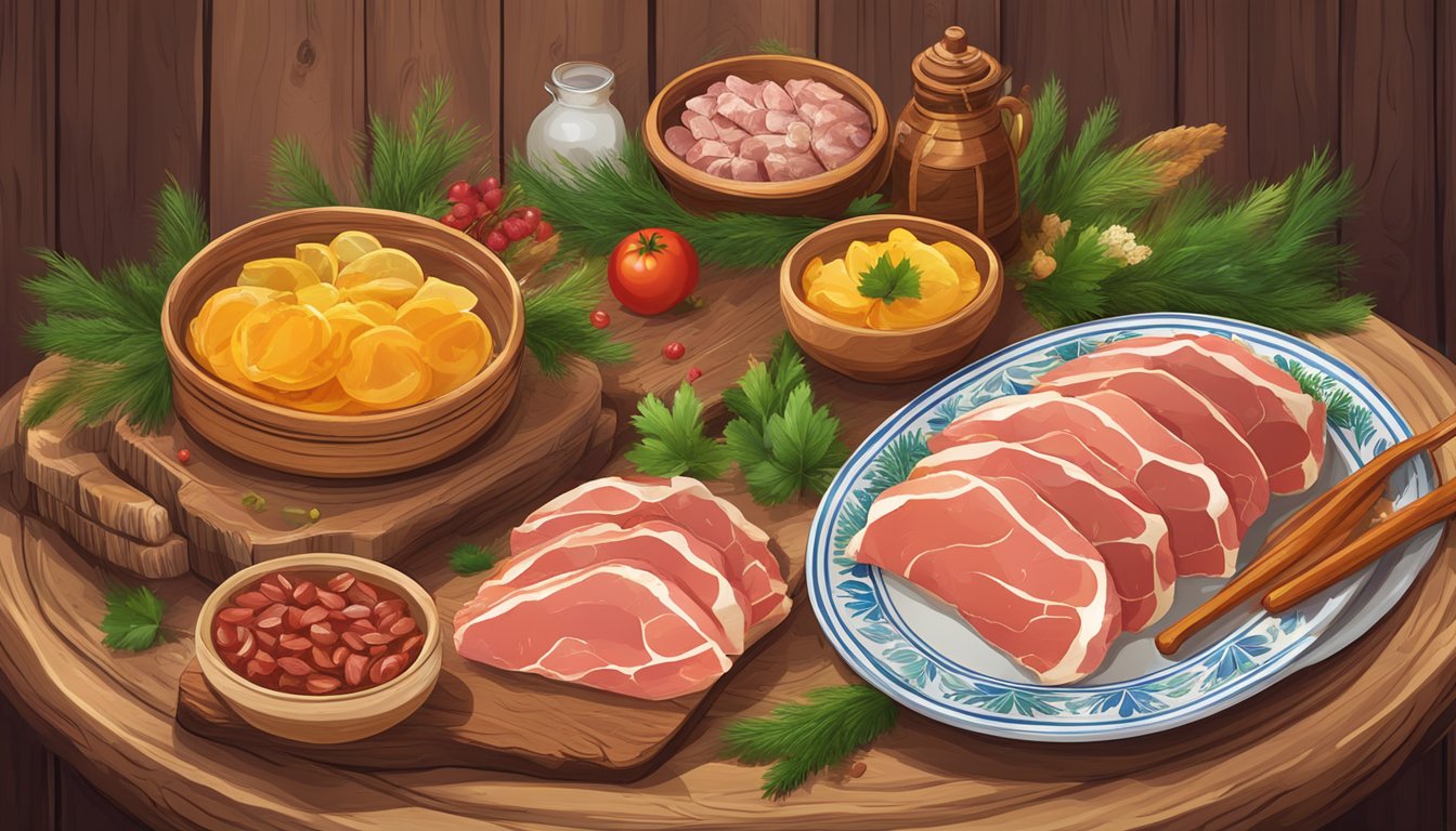 A rustic wooden table adorned with a platter of cured pork fat, surrounded by traditional Ukrainian decorations and ingredients