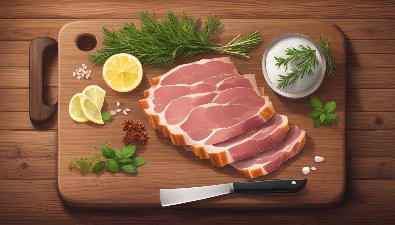 A wooden cutting board with slices of cured pork fat, garnished with herbs and spices, displayed on a rustic table