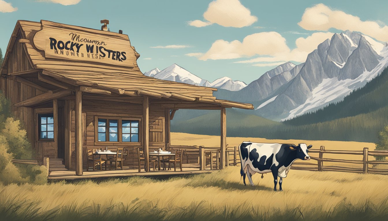 A cow grazing in a mountainous field, with a sign reading "Rocky Mountain Oysters" above a rustic wooden restaurant