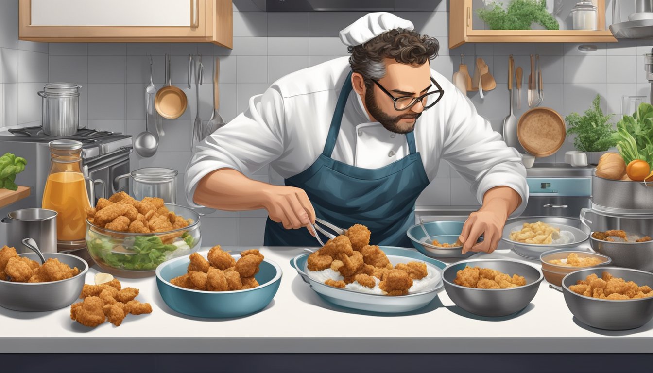 A chef preparing a plate of rocky mountain oysters, surrounded by modern kitchen gadgets and health-related posters