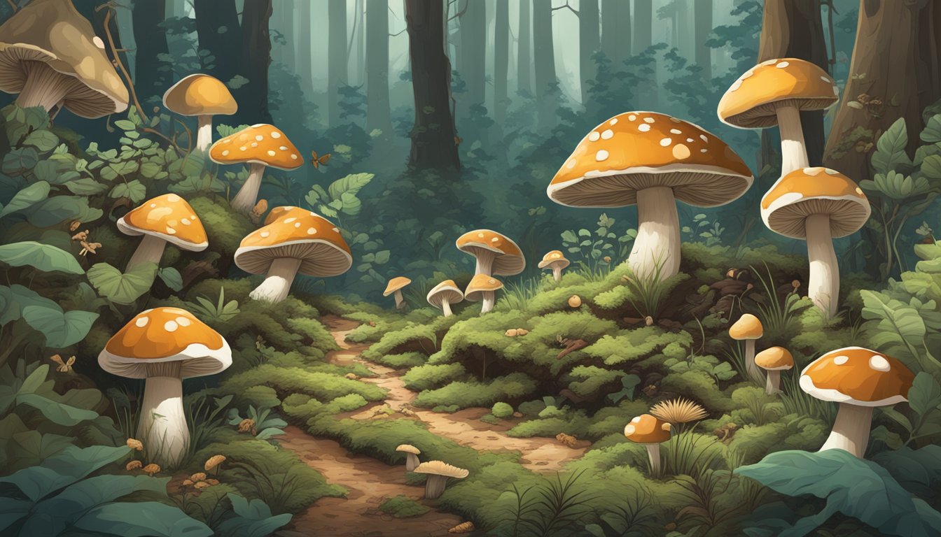 A forest floor covered in mushrooms, insects, and decaying wood, with small creatures feasting on the xylophagous delights