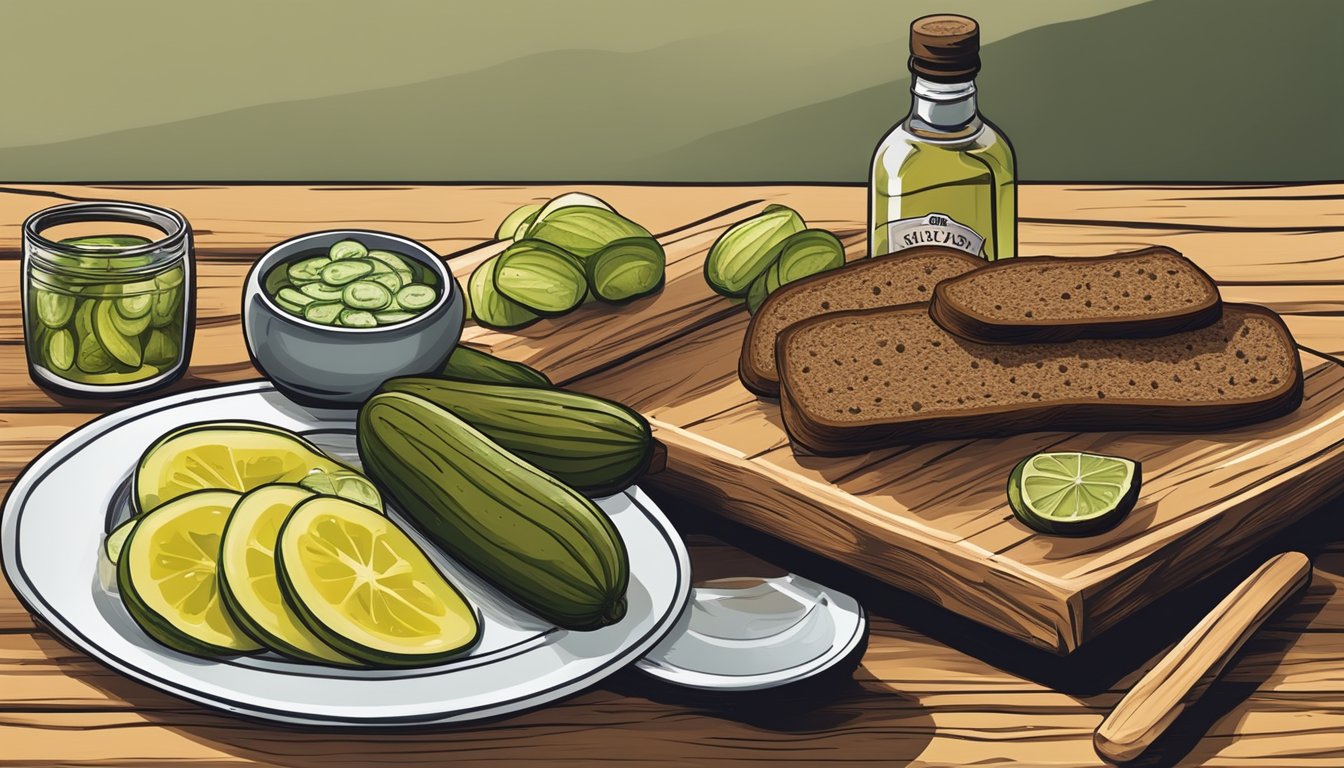 A rustic wooden table with a plate of thinly sliced salo, accompanied by pickles, dark bread, and a shot of vodka