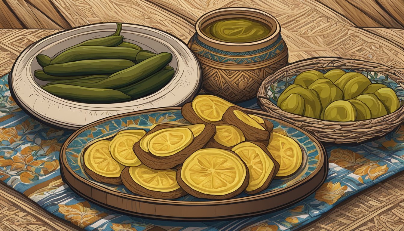 A wooden table adorned with a plate of thinly sliced salo, accompanied by pickles and rye bread, set against a backdrop of traditional Ukrainian embroidery