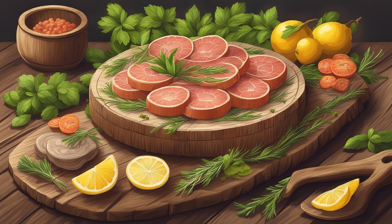 A wooden platter with slices of salo, garnished with herbs, sits on a rustic table, evoking the rich flavors and cultural heritage of Ukraine