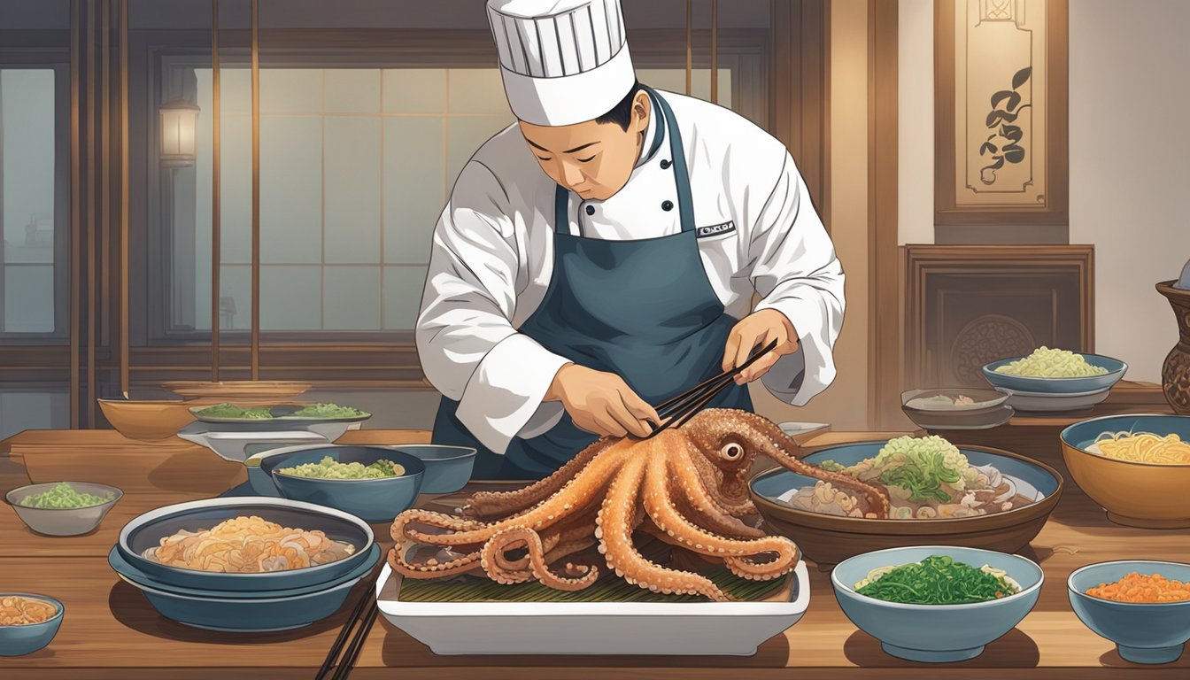 A chef prepares sannakji, live octopus, with chopsticks on a traditional Korean dining table