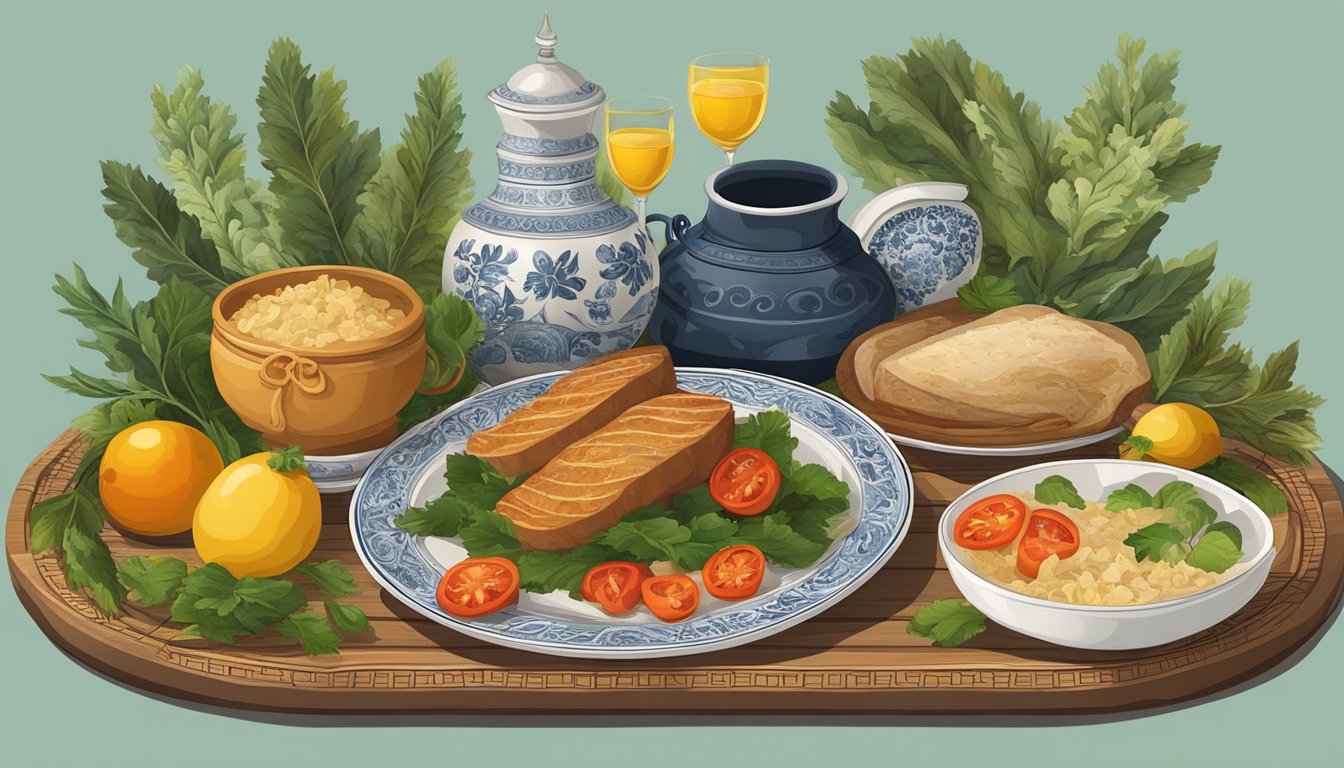 A table set with a platter of salo, surrounded by traditional Ukrainian decor and symbols of sustainability and preservation