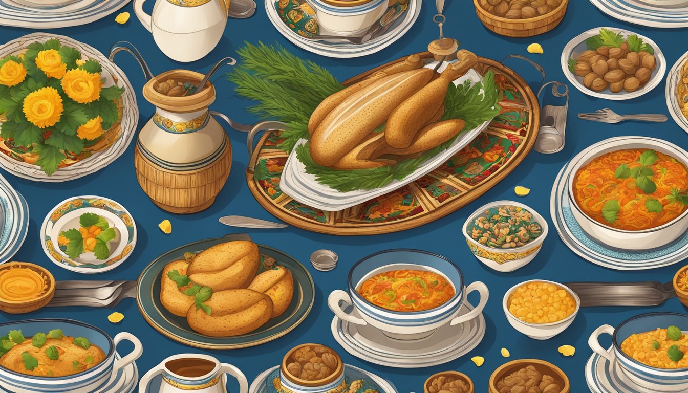 A table set with a platter of salo, surrounded by traditional Ukrainian decor and symbols