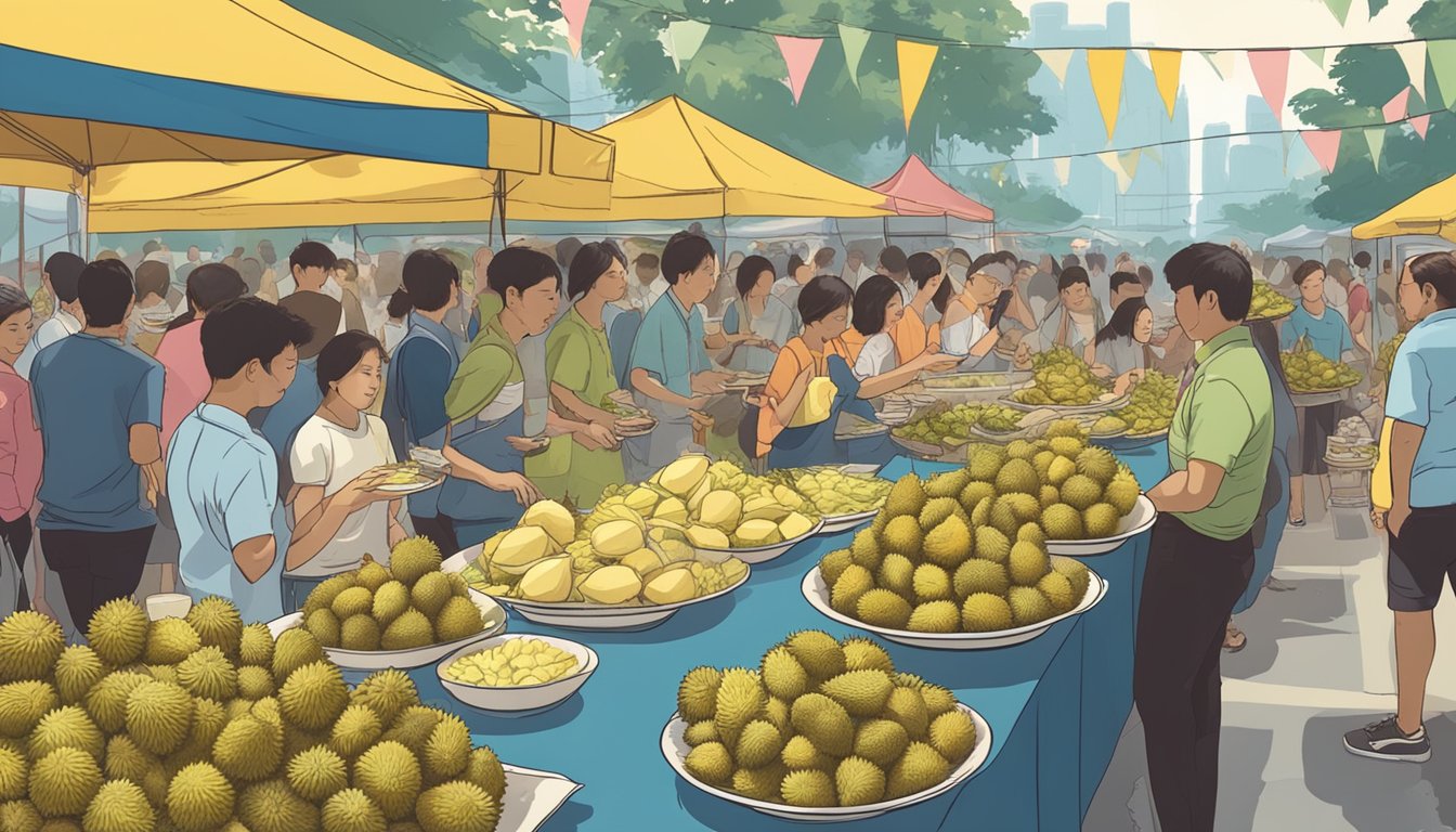 A table overflowing with durian-infused dishes, from savory to sweet, surrounded by curious onlookers at a bustling food festival