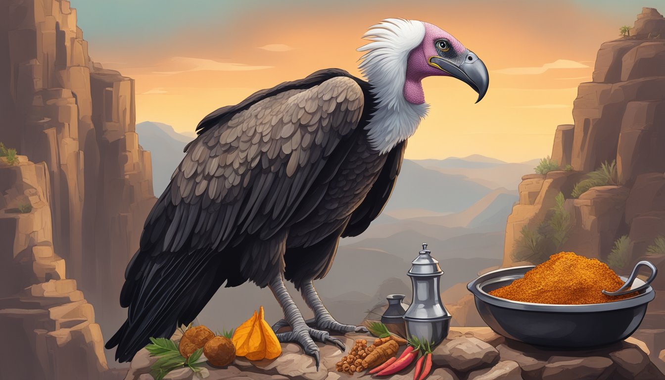 A vulture perched on a rocky outcrop, surrounded by a bubbling cauldron of stew and exotic spices