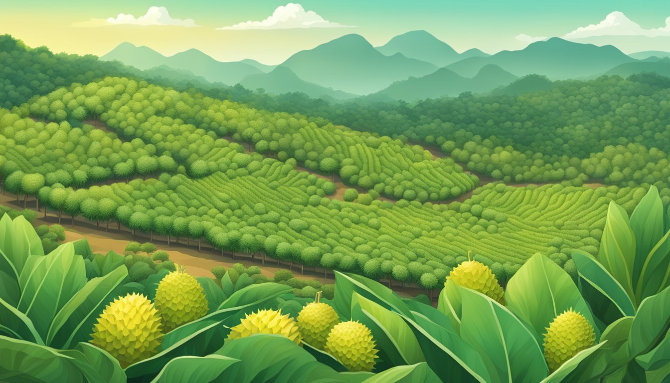 A durian orchard with diverse agricultural practices, showcasing the sustainability of Southeast Asia's polarizing delicacy