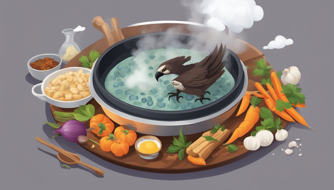 A bubbling pot of vulture stew surrounded by mysterious ingredients and a cloud of steam