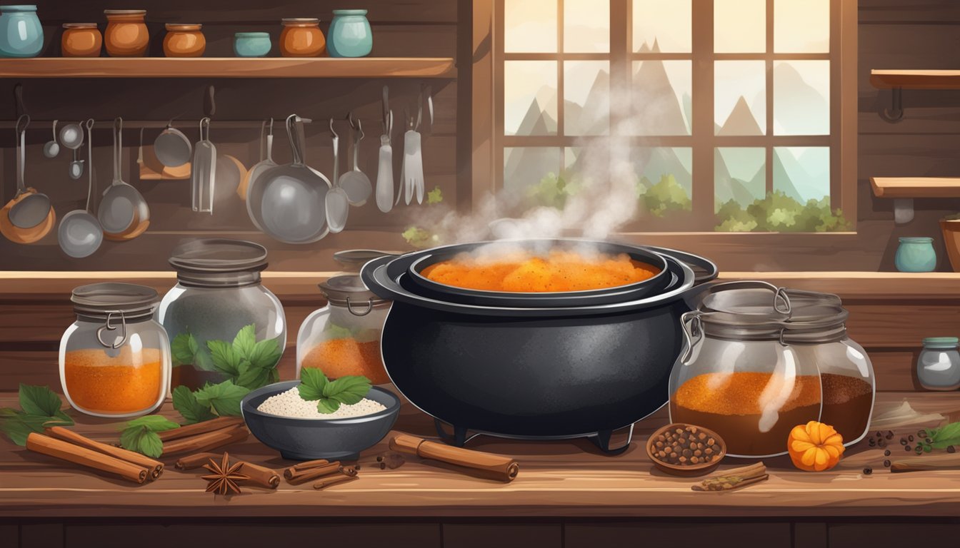 A rustic kitchen with a bubbling cauldron, surrounded by jars of spices and ingredients. A steaming blood pudding sits on a wooden table