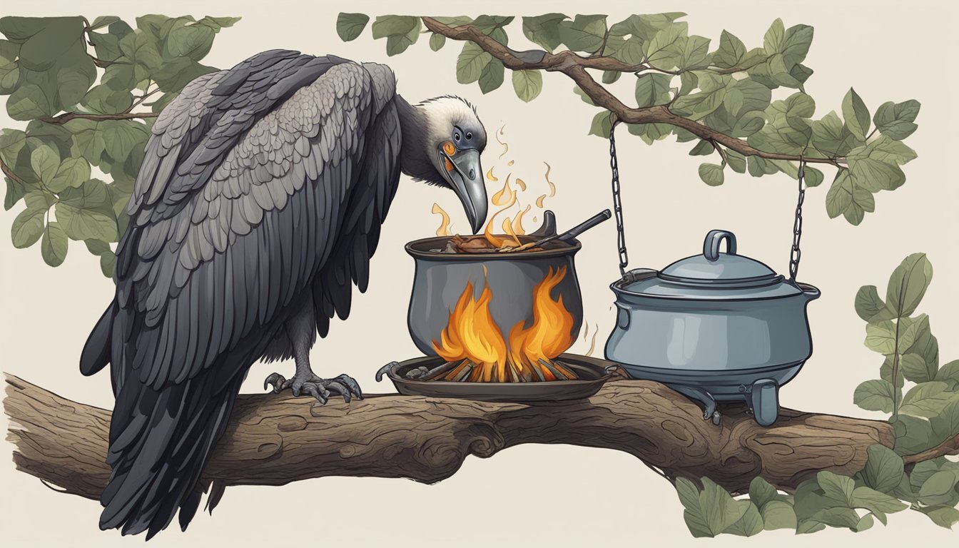 A vulture perched on a tree branch, with a pot of stew bubbling over a campfire below