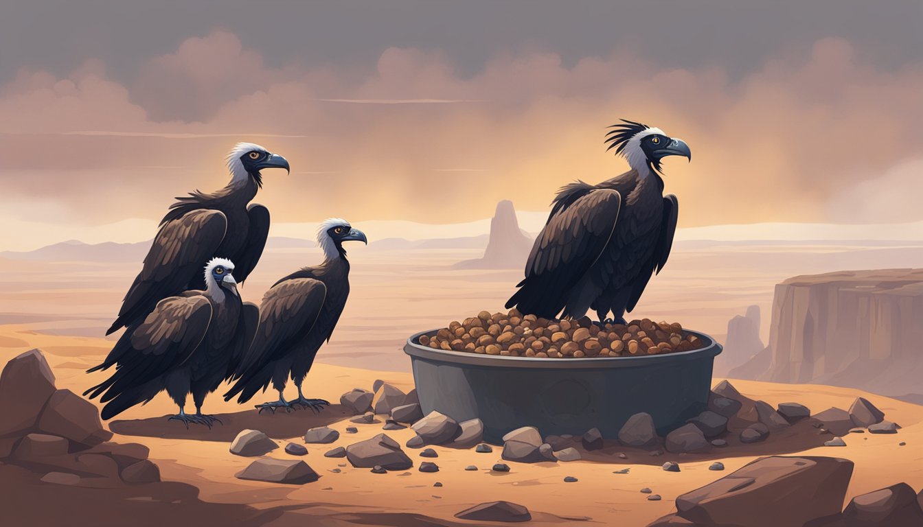 A group of vultures perched on a rocky outcrop, surrounded by a bubbling cauldron of stew. The landscape is barren and desolate, with a harsh, unforgiving atmosphere