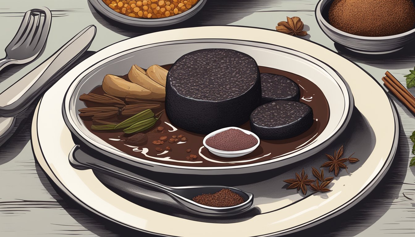 A table set with a plate of blood pudding, surrounded by ingredients like blood, fat, and spices