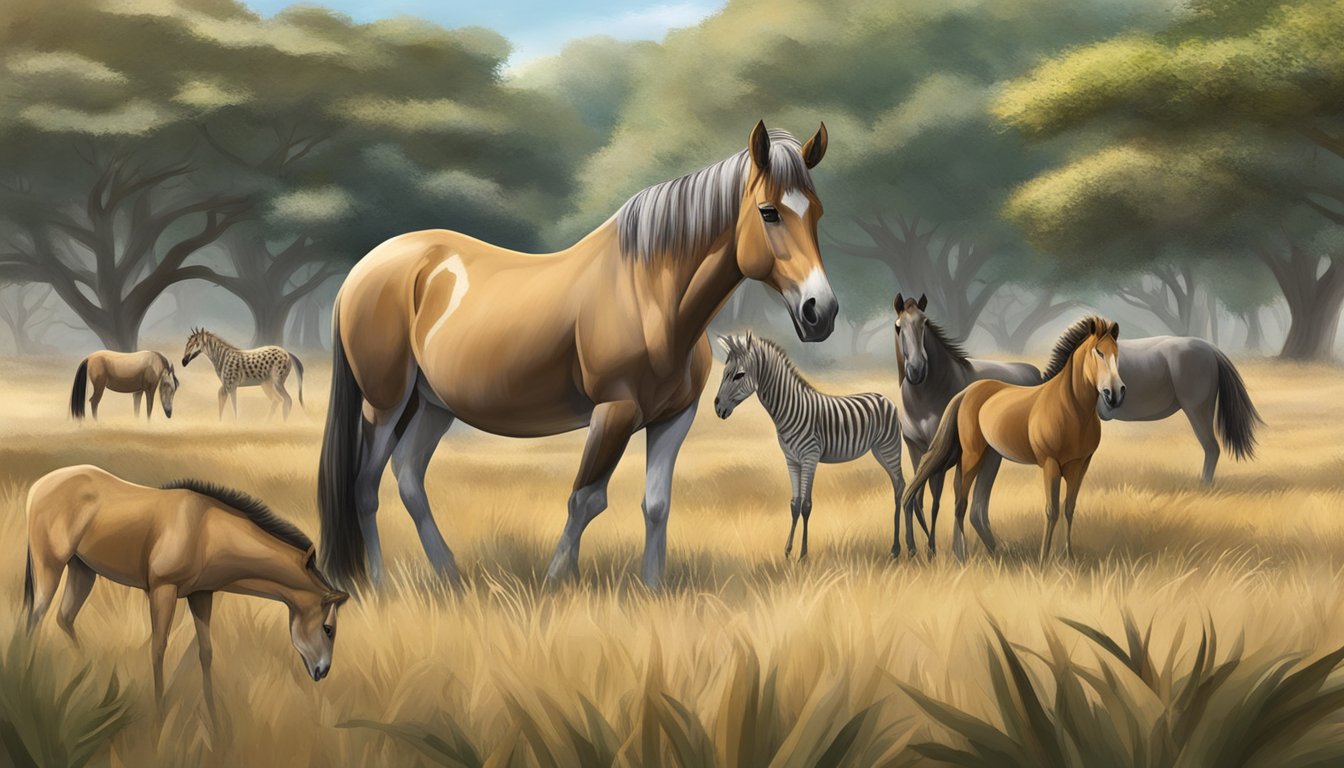 A zorse grazing in a grassy savanna, surrounded by other exotic animals