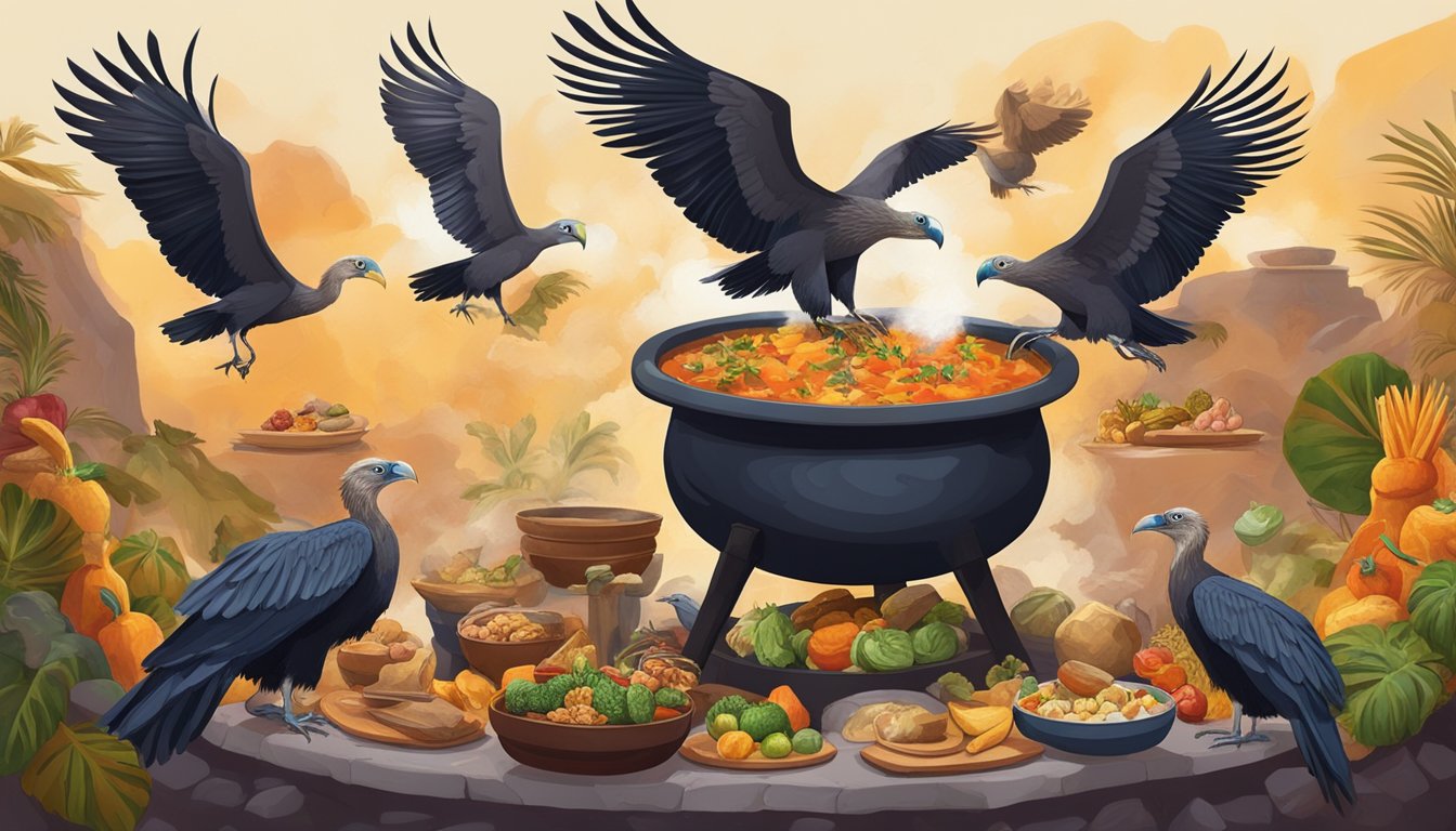 A group of vultures circling above a bubbling cauldron filled with a mysterious stew, surrounded by a diverse array of exotic foods from around the world