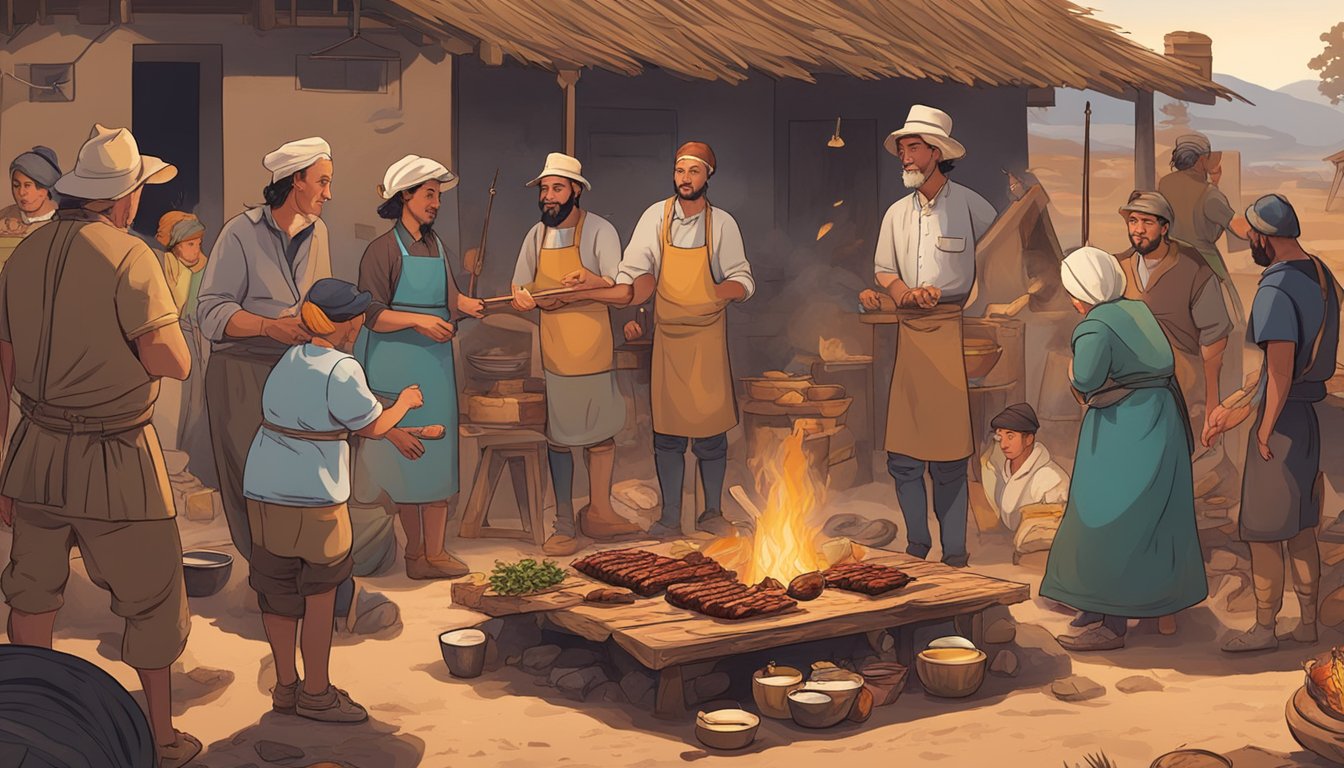 A group of people gathered around a fire, roasting zorse meat on skewers, while others prepare traditional dishes and share stories