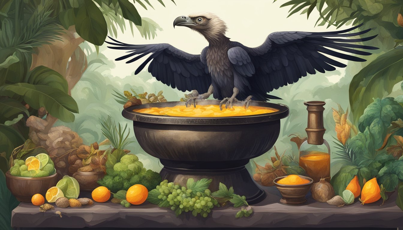 A vulture perched on a tree branch, surrounded by a bubbling cauldron filled with various exotic ingredients