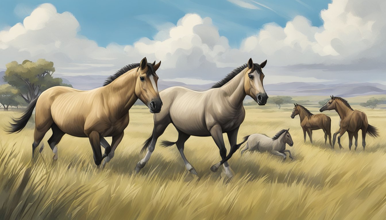 A group of zorses grazing in a grassy field, with one zorse being hunted by a predator