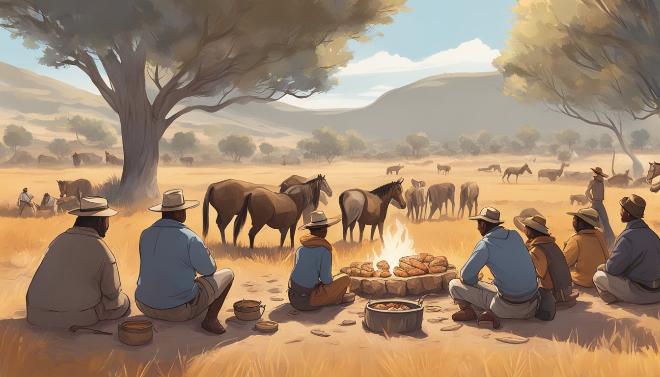 A group of people gathered around a fire, roasting and eating zorse meat. The scene is set in a savanna-like environment with a mix of grassland and sparse trees