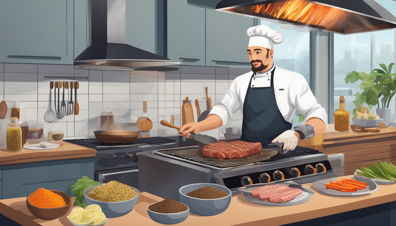 A chef grilling zorse meat on a modern kitchen stove, surrounded by exotic spices and ingredients