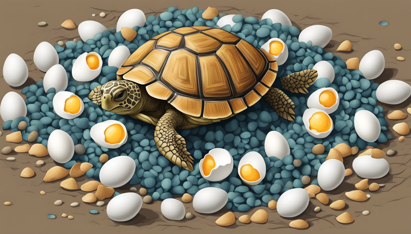 A turtle nest surrounded by broken eggshells and a few intact eggs