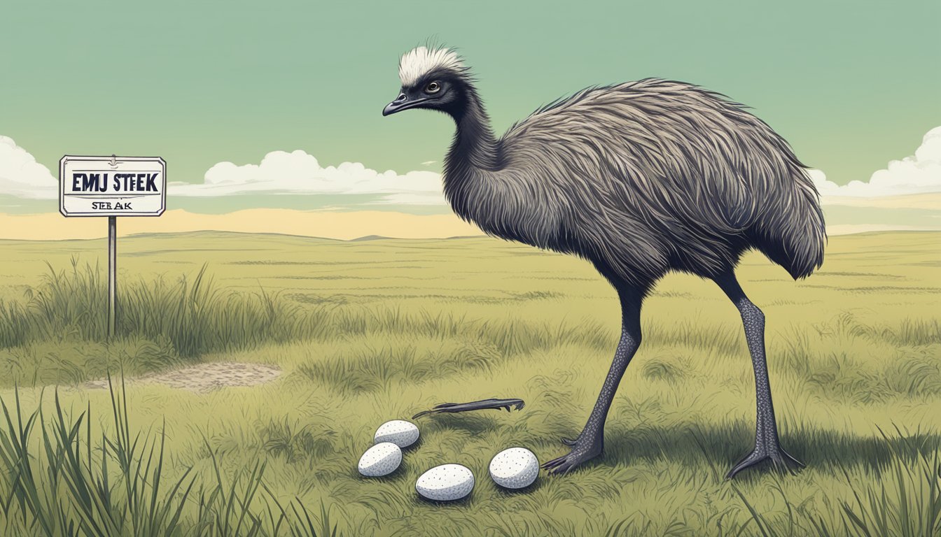 An emu standing in a grassy field, with a curious expression, surrounded by a few emu eggs and a sign advertising "Emu Steak."