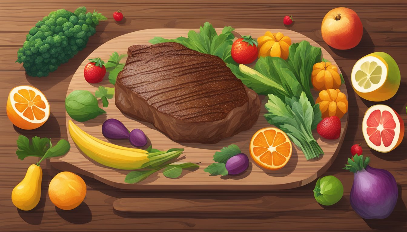 An emu steak surrounded by vibrant fruits and vegetables on a wooden cutting board