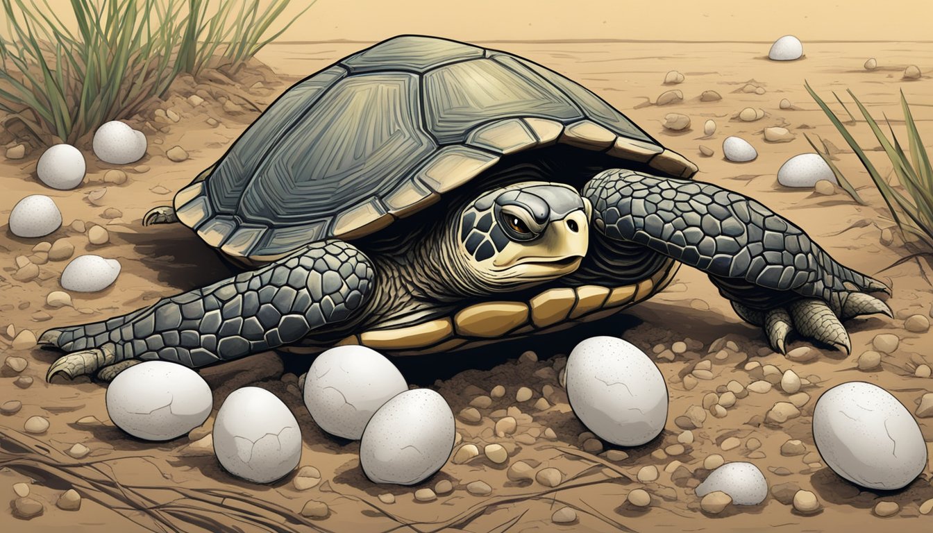 A turtle nest surrounded by broken eggshells, with a predator lurking nearby