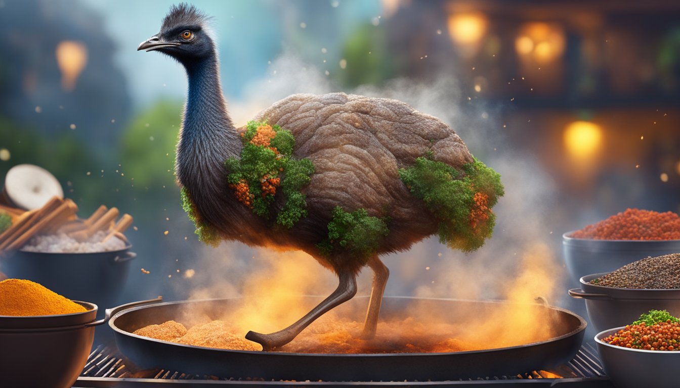 An emu steak sizzling on a hot grill, surrounded by colorful spices and herbs, with steam rising into the air