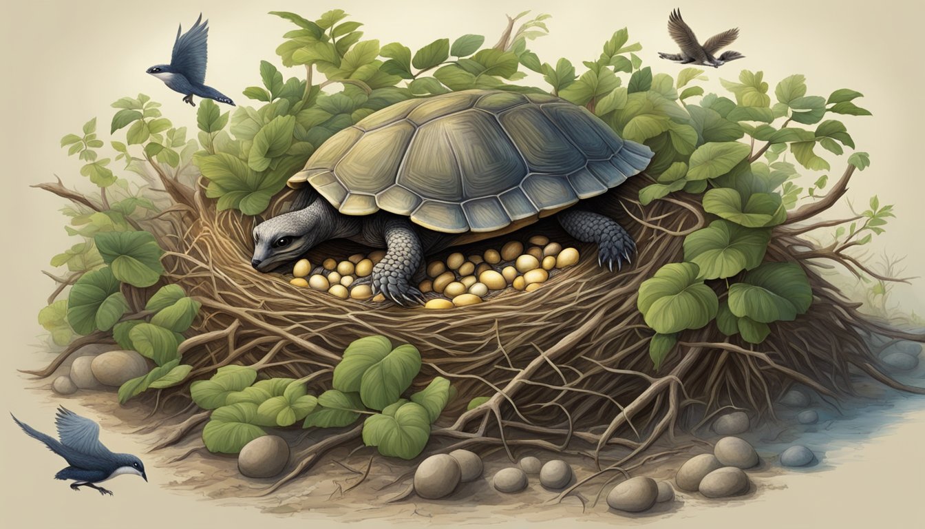 A turtle nest surrounded by predators, including raccoons and birds, eagerly consuming the exposed eggs