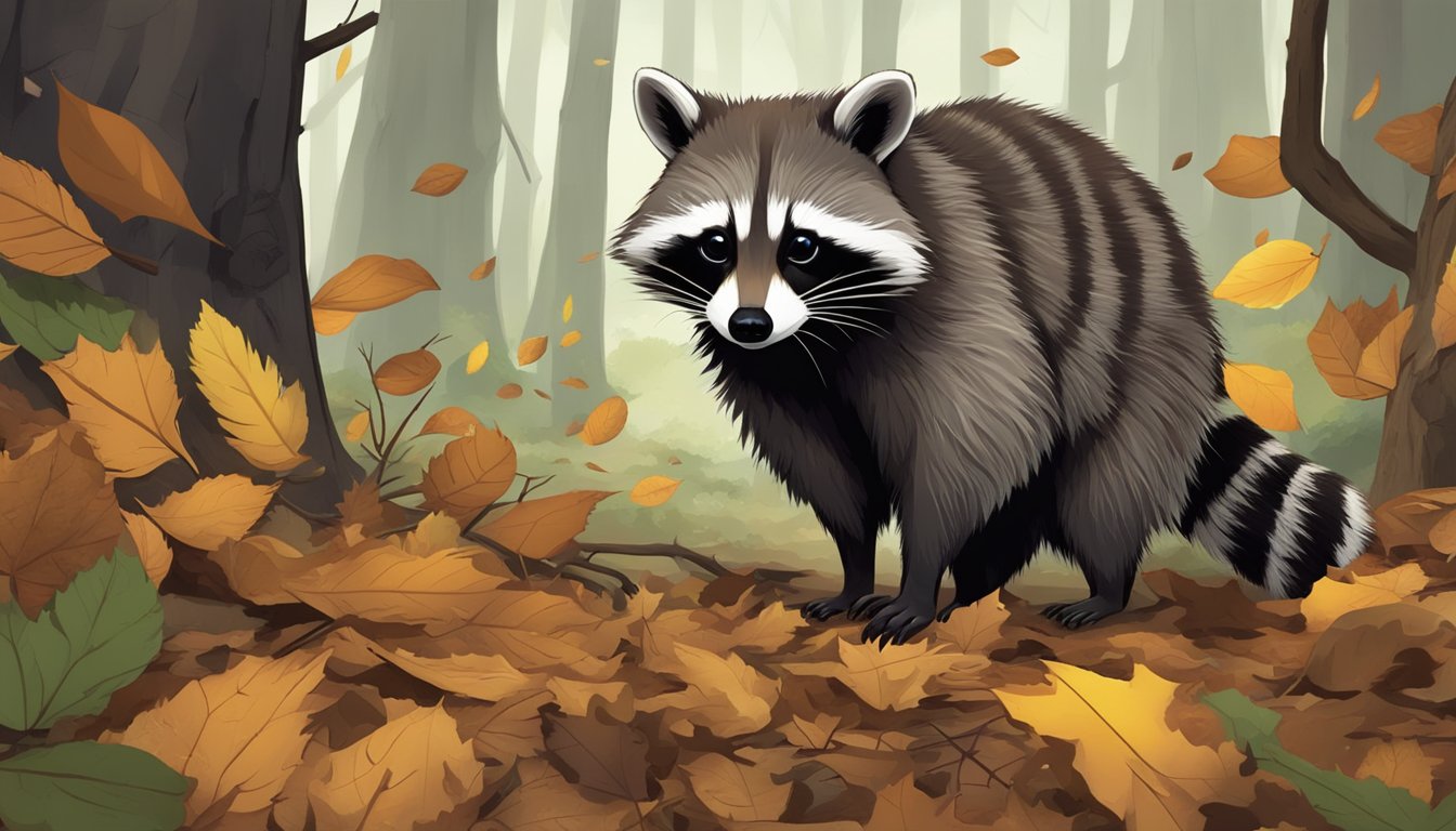 A raccoon scavenges for food in a forest, surrounded by fallen leaves and tree trunks