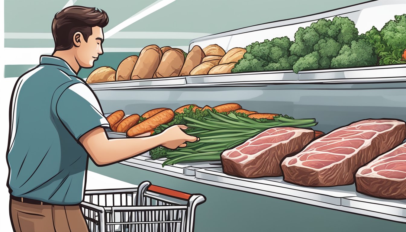 A person placing a package of emu steak into a grocery cart, then organizing their freezer to make room for the new purchase