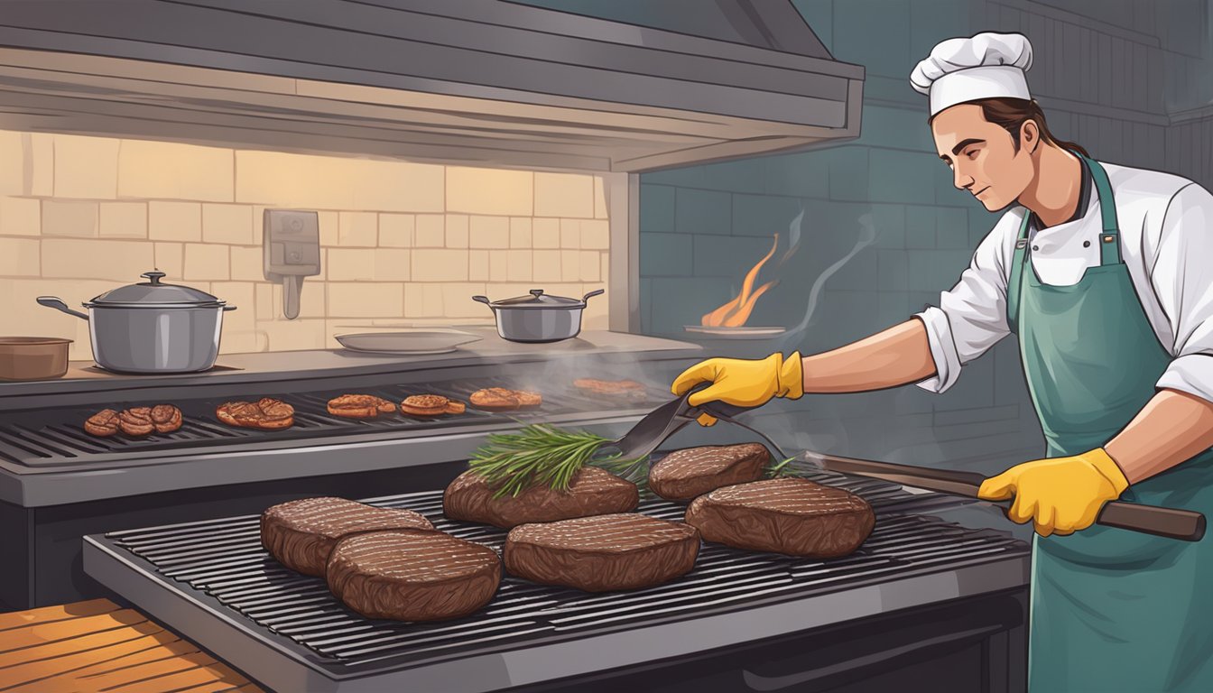 An emu steak being cooked on a grill with a chef wearing protective gloves and an apron